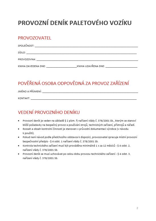 PROVOZNÍ DENÍK PALETOVÉHO VOZÍKU 