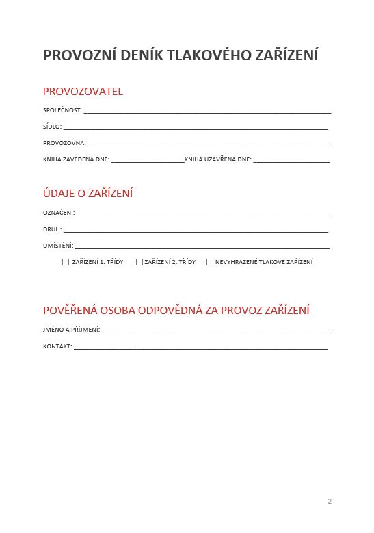 PROVOZNÍ DENÍK TLAKOVÉHO ZAŘÍZENÍ 
