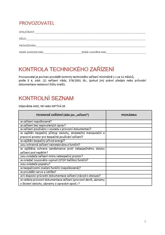 DENÍK KONTROL TECHNICKÝCH ZAŘÍZENÍ A4