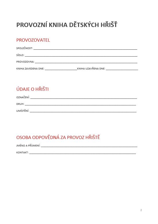 PROVOZNÍ KNIHA DĚTSKÝCH HŘIŠŤ 
